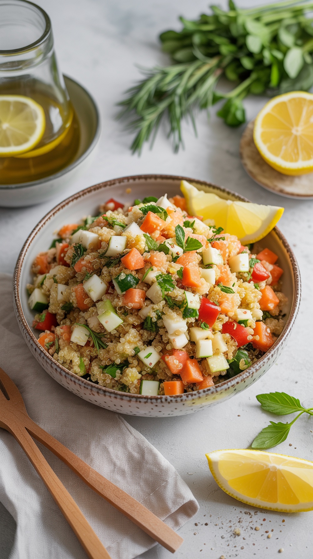 A bowl of zesty lemon herb quinoa salad with fresh vegetables and lemon slices.