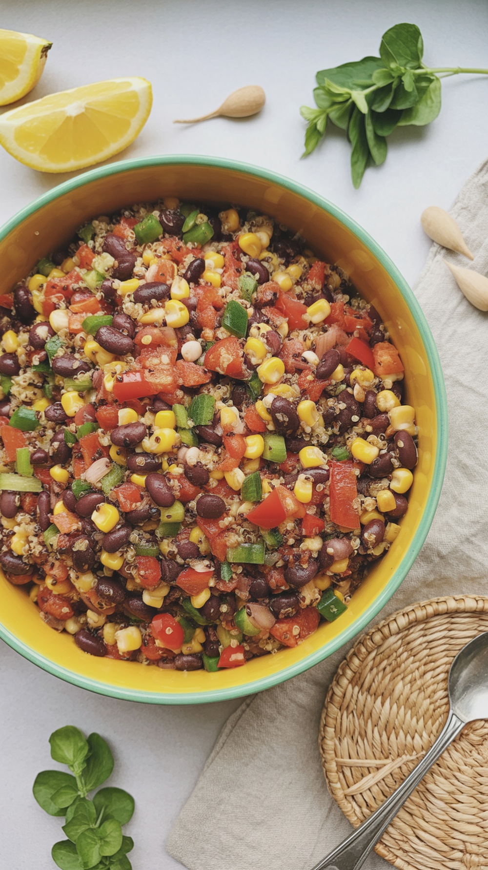 A colorful bowl of zesty quinoa salad with black beans, corn, and diced vegetables.