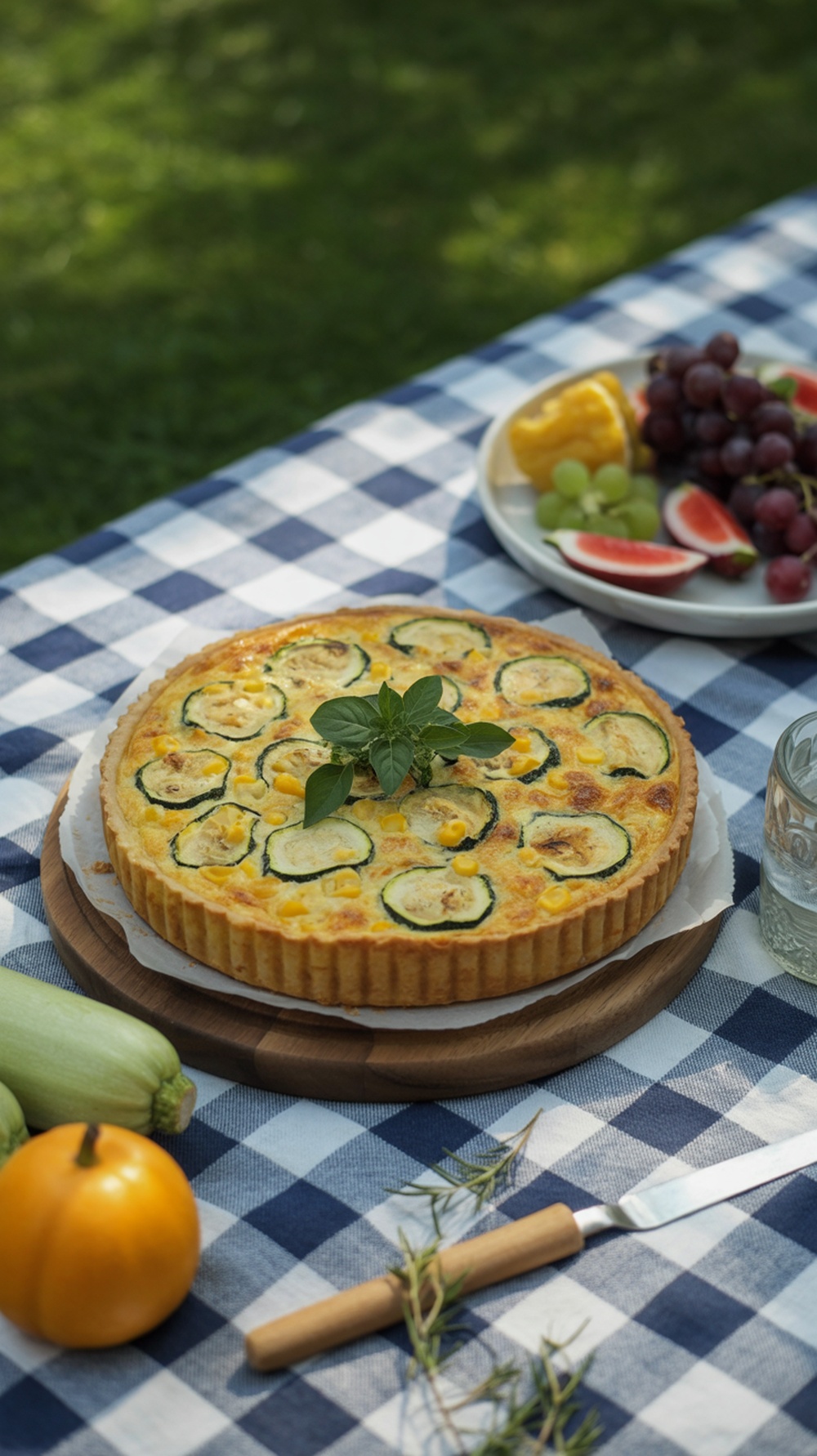 A delicious zucchini and corn quiche garnished with fresh herbs on a picnic blanket