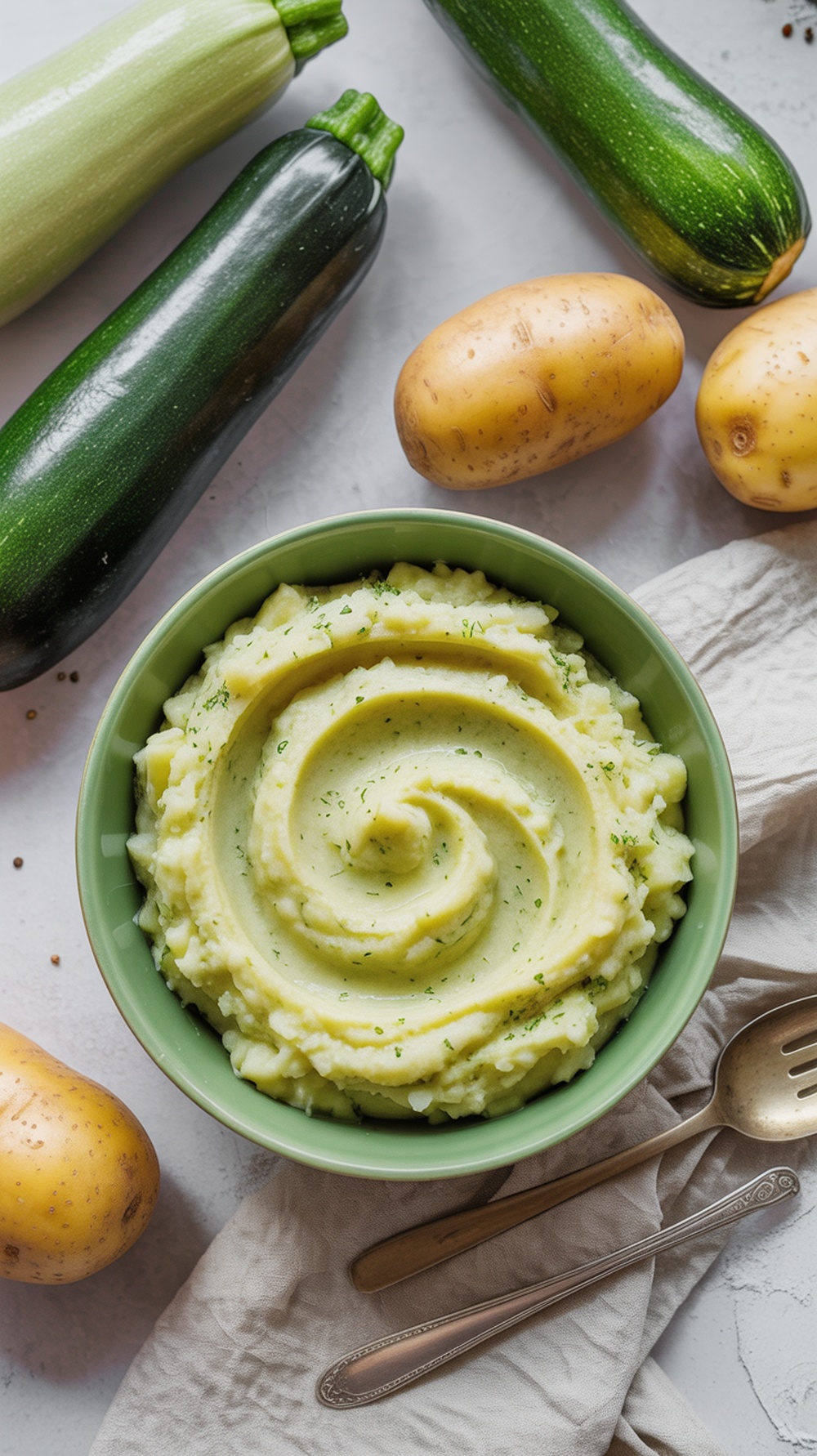 Bowl of creamy zucchini and potato mash surrounded by fresh zucchinis and potatoes.