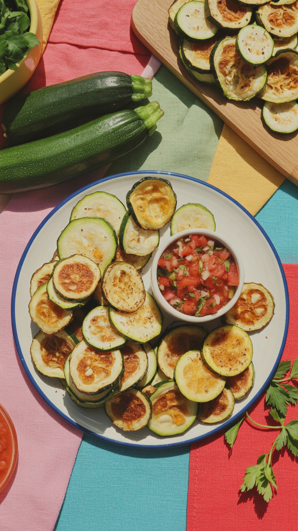 A plate of golden-brown zucchini chips beside a bowl of fresh salsa, perfect for a healthy summer snack.