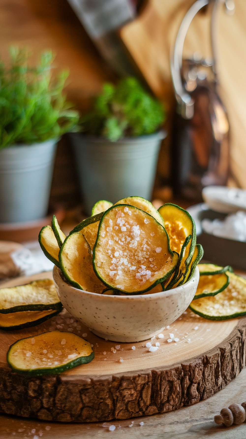 A bowl of crispy zucchini chips sprinkled with sea salt on a wooden surface.