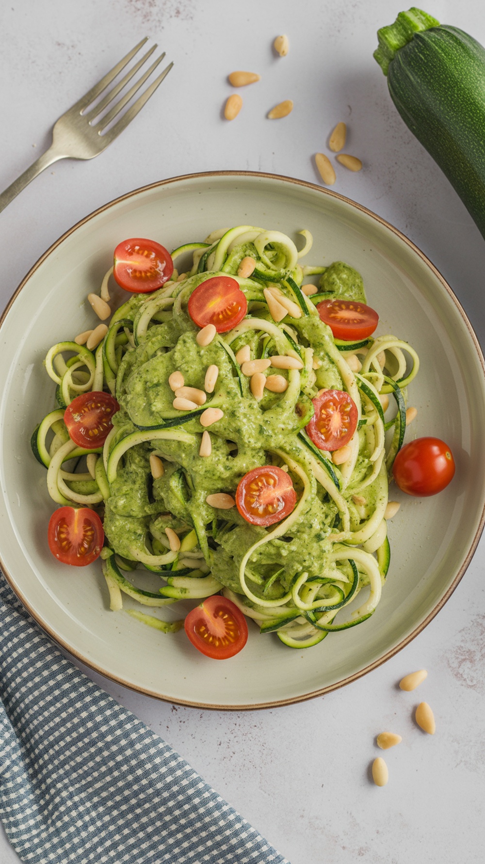 A bowl of zucchini noodles with pesto, topped with cherry tomatoes and pine nuts.