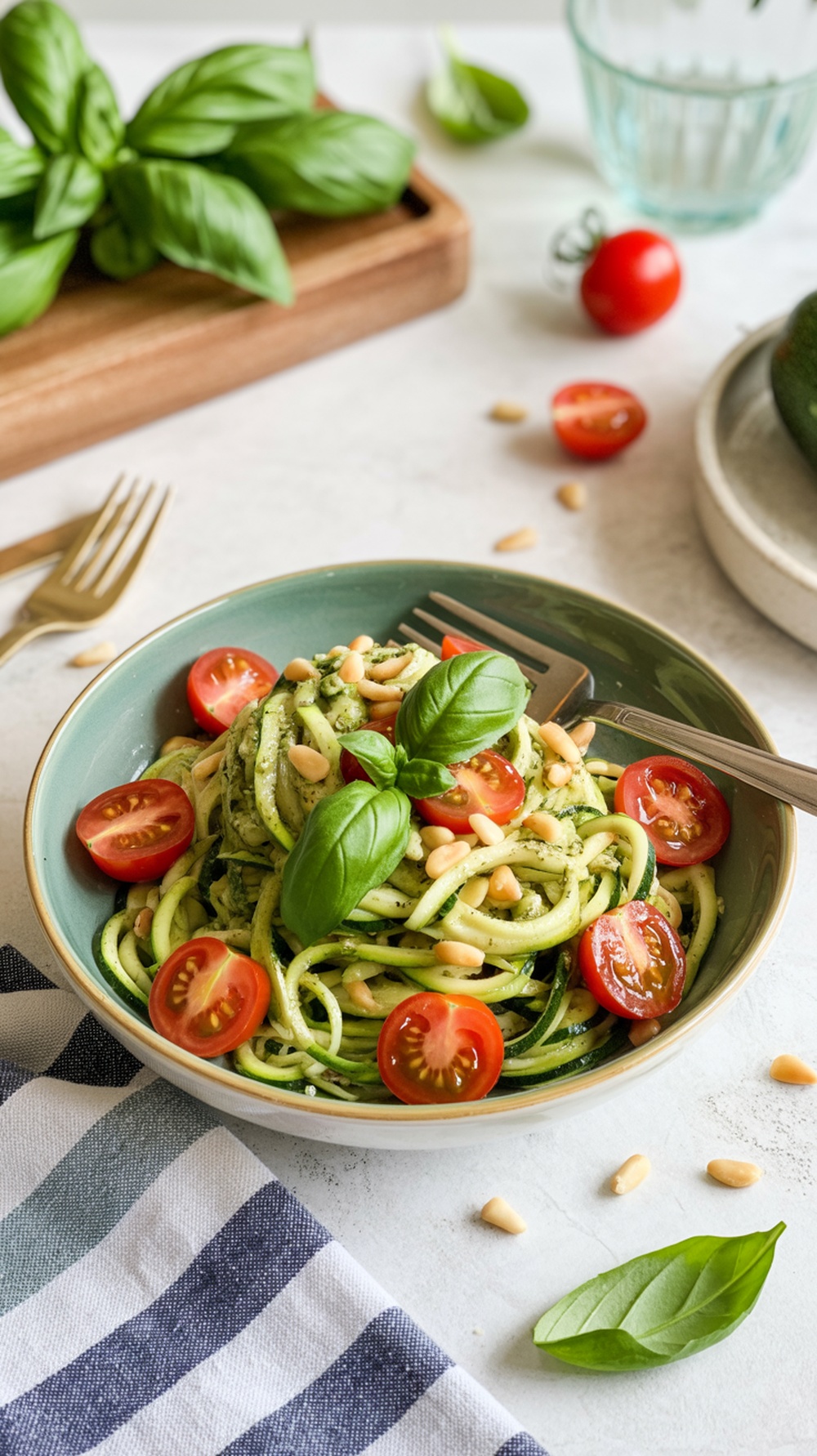 A bowl of zucchini noodles with pesto, cherry tomatoes, and pine nuts, garnished with fresh basil.