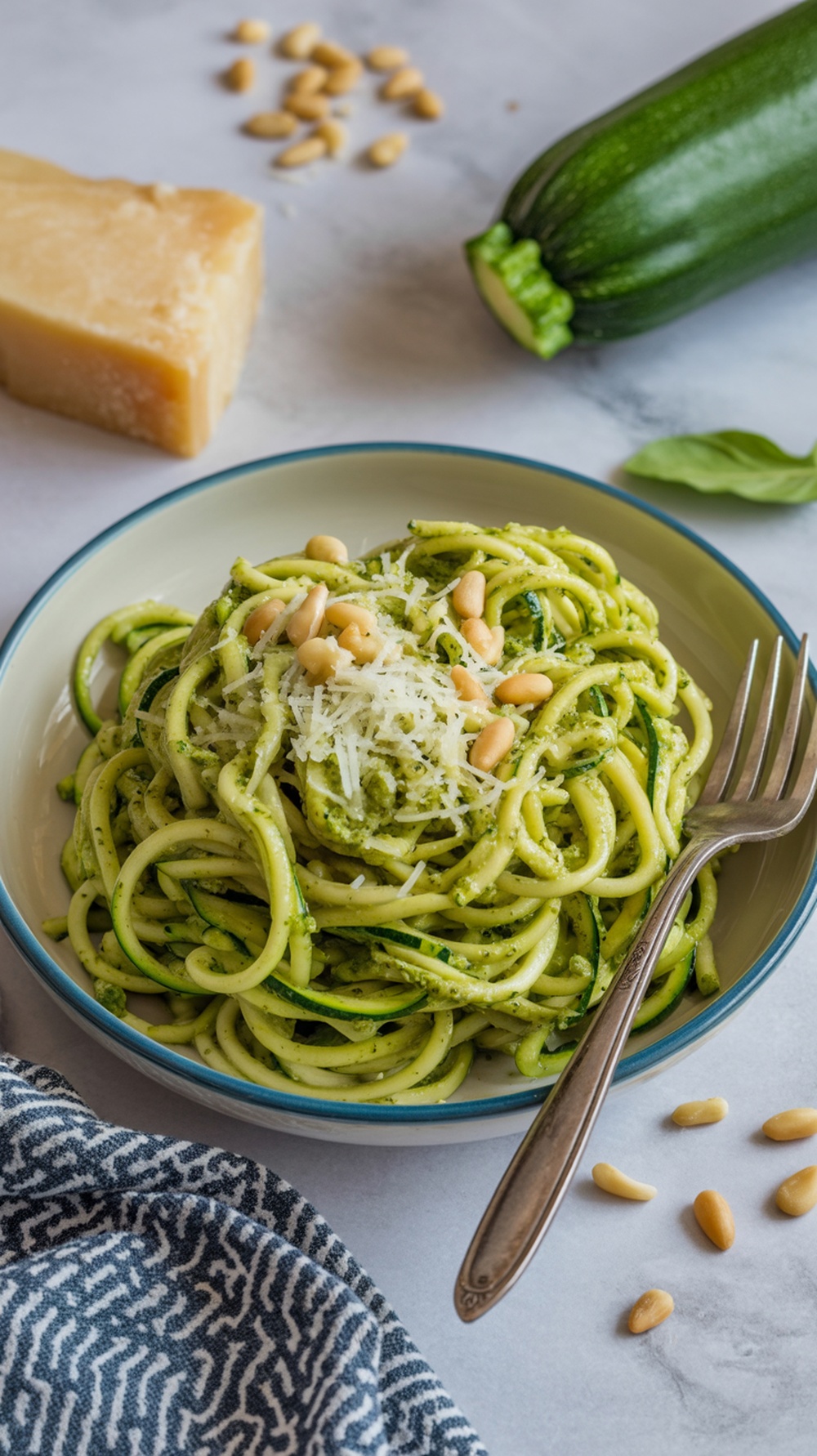 A bowl of zucchini noodles topped with pesto, pine nuts, and parmesan cheese, garnished with fresh basil.