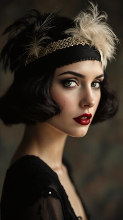 A woman with a 1920s flapper bob hairstyle, wearing a feathered headband and bold makeup.