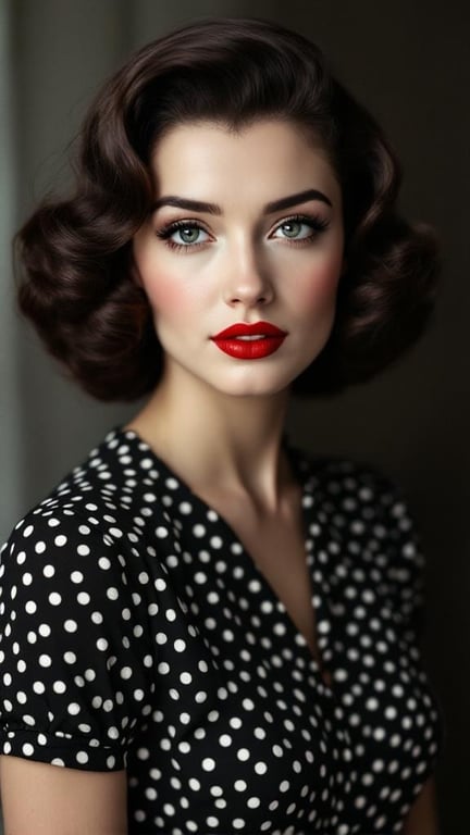 A woman with vintage 1940s hairstyle featuring victory rolls, wearing a polka dot dress and bright red lipstick.