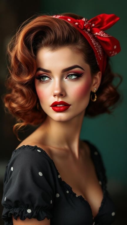 A woman with vintage 1950s pin-up curls, wearing a red bandana and bold makeup.