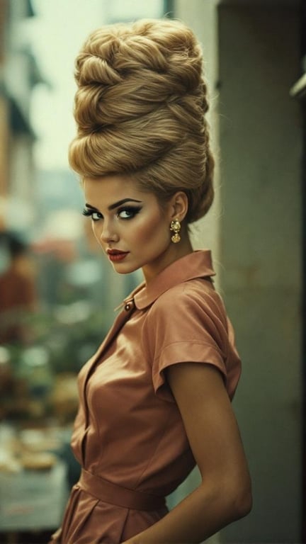 A woman with a large beehive hairstyle, wearing a stylish outfit and bold makeup.