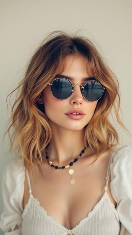 A person with brown hair featuring caramel highlights, wearing round sunglasses and a layered necklace.