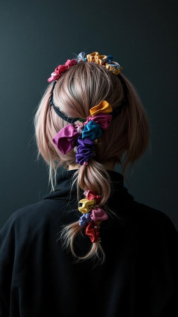 A back view of a person with a colorful hairstyle featuring multiple scrunchies and a headband.