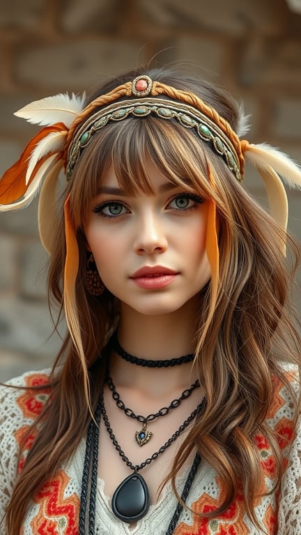 A woman with gypsy shag hairstyle, wearing a decorative headband and layered necklaces.