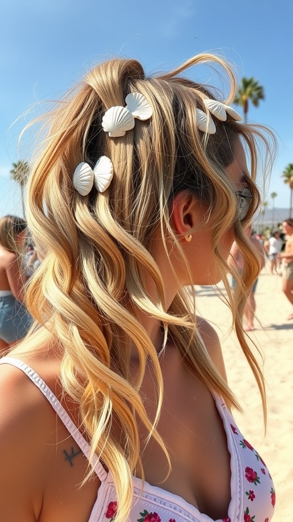 A woman with beachy waves hairstyle adorned with seashell clips, enjoying a sunny day at the beach.