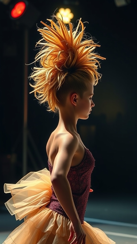A young dancer with a vibrant beehive hairstyle, showcasing a dynamic look on stage.