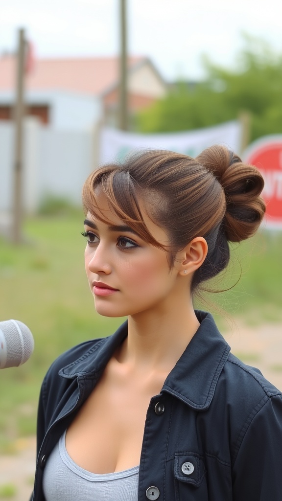A woman with a beehive hairstyle, featuring soft bangs and a casual outfit, standing outdoors.