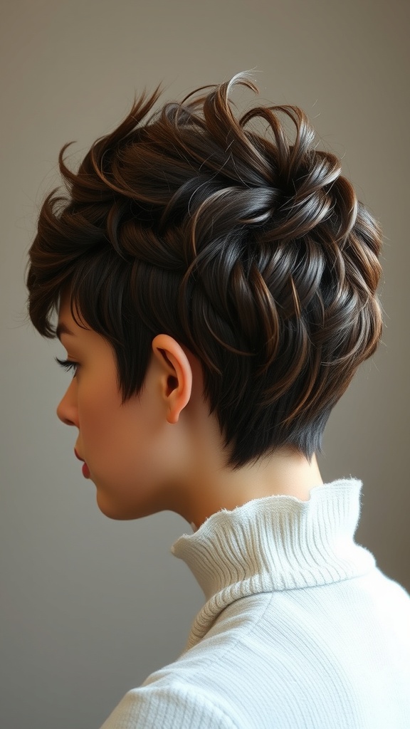 A stylish beehive hairstyle for short hair, featuring soft curls and a tapered back.