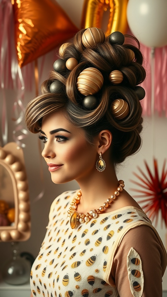 A woman with a stylish beehive hairstyle decorated with golden and black spheres, wearing elegant jewelry, set against a festive background.