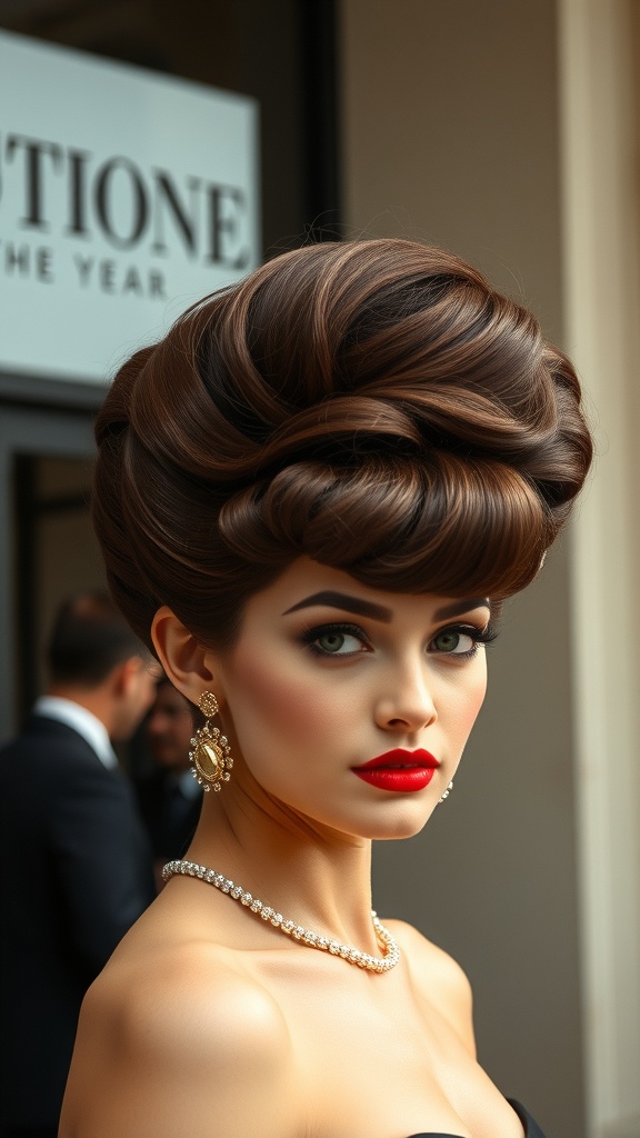 A woman with a glamorous beehive hairstyle, bold red lips, and elegant jewelry.