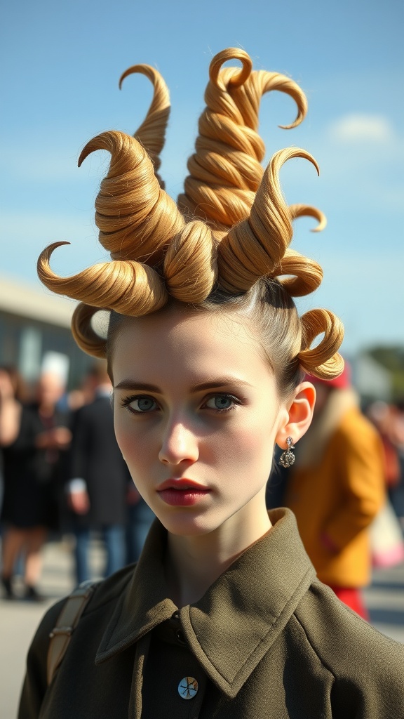 A model showcasing a beehive hairstyle with spiraled curls, featuring a playful and unique design.