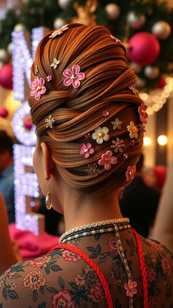 A stylish beehive hairstyle adorned with colorful flowers and sparkling pins.