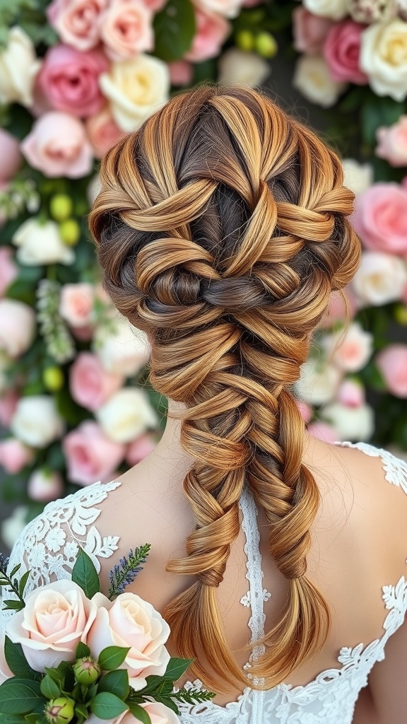 A beautiful beehive hairstyle with braids, set against a backdrop of pink and white roses.