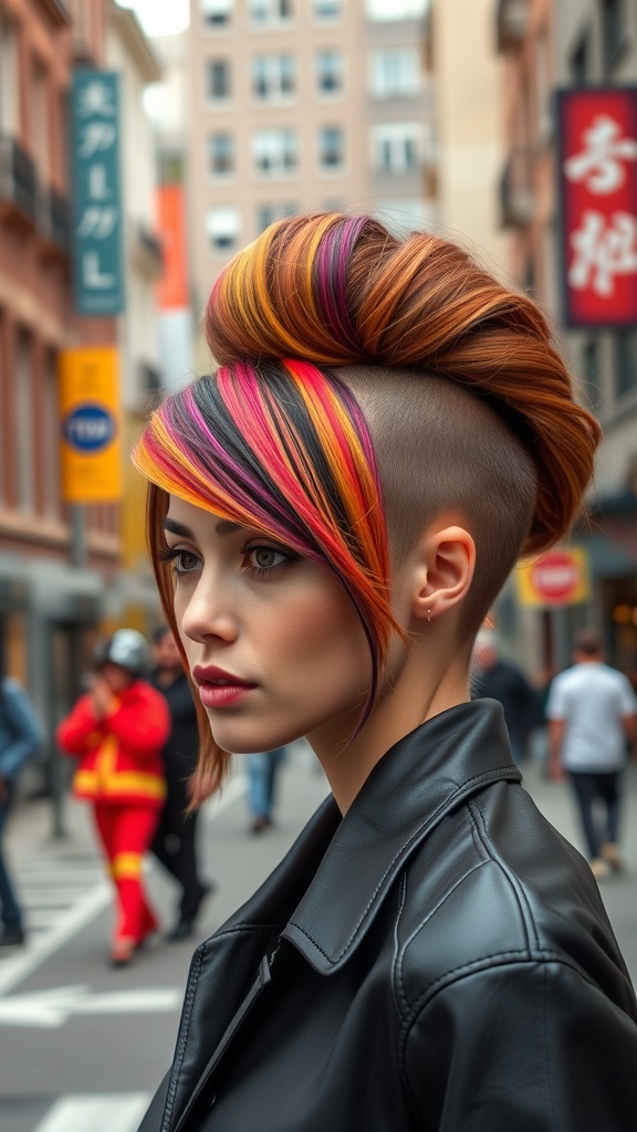 A woman with a colorful beehive hairstyle featuring orange, pink, and purple highlights, standing in an urban setting.
