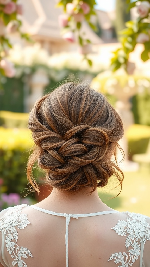 A woman with a beehive hairstyle featuring loose tendrils, set against a garden backdrop.