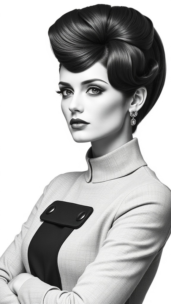 A model with a beehive hairstyle and side bangs, wearing a stylish outfit.