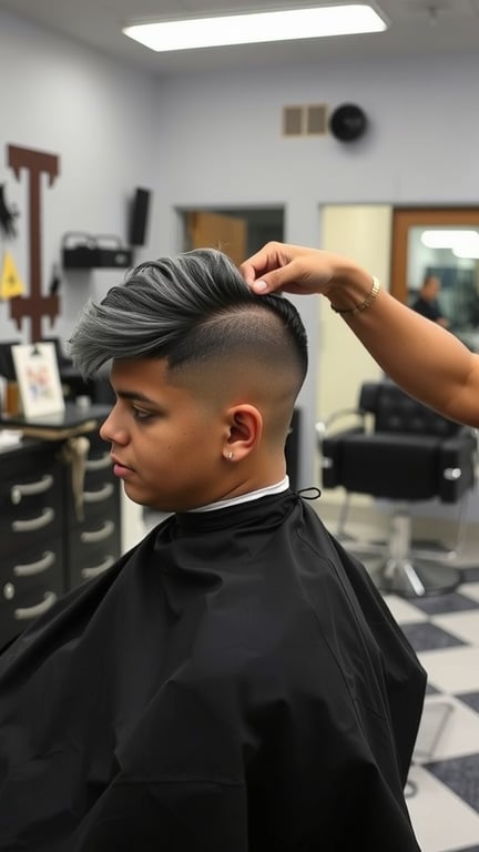 A barber working on a temple fade hairstyle, focusing on blending techniques for a smooth transition.