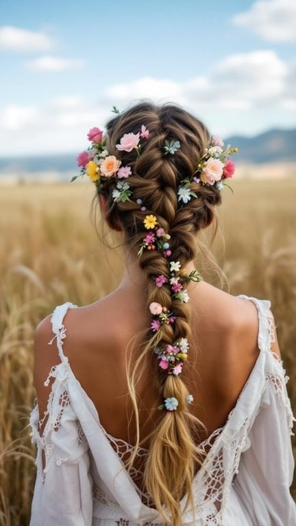 A woman with a braided hairstyle decorated with colorful flowers, standing in a field.