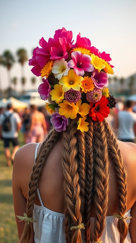 A person with multiple braids decorated with colorful flowers at a festival