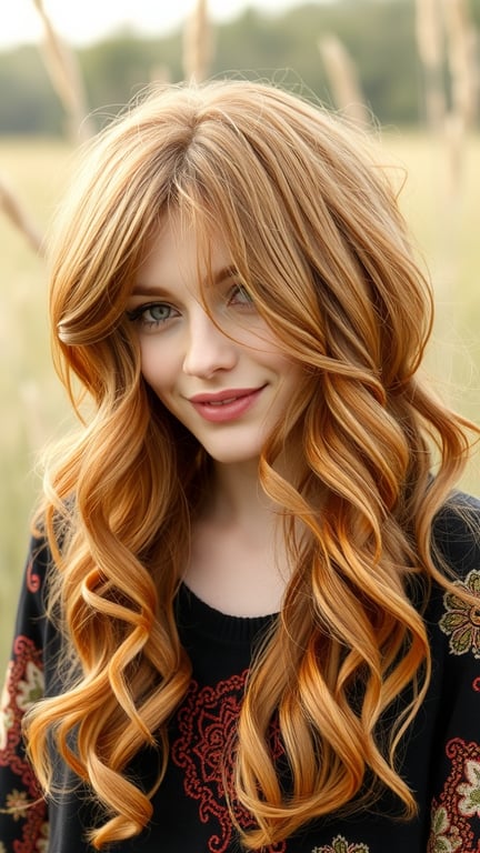 A woman with ginger brown wavy hair smiling in a field