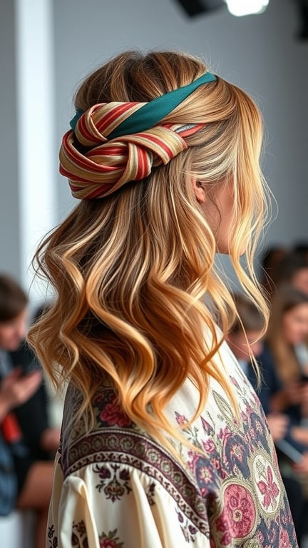 A woman with bohemian loose waves hairstyle adorned with a colorful headband, showcasing a stylish and relaxed look.