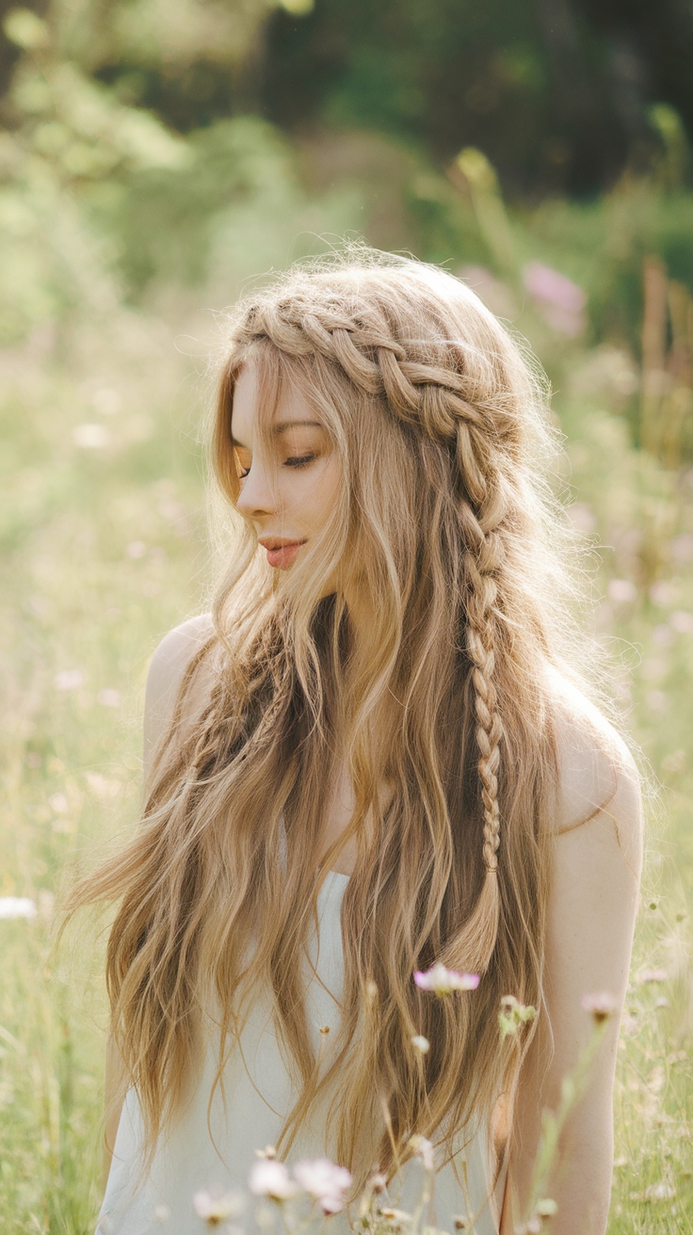 A woman with long layered curly hair styled in braids, set in a natural outdoor background.