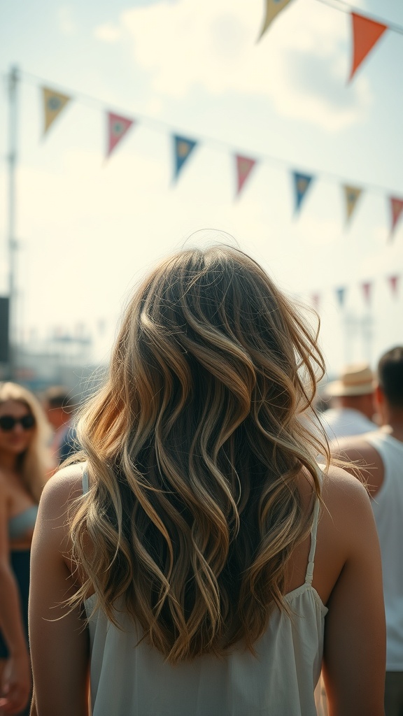 A woman with long, wavy hair and wispy bangs, standing in front of colorful flags at a festival.