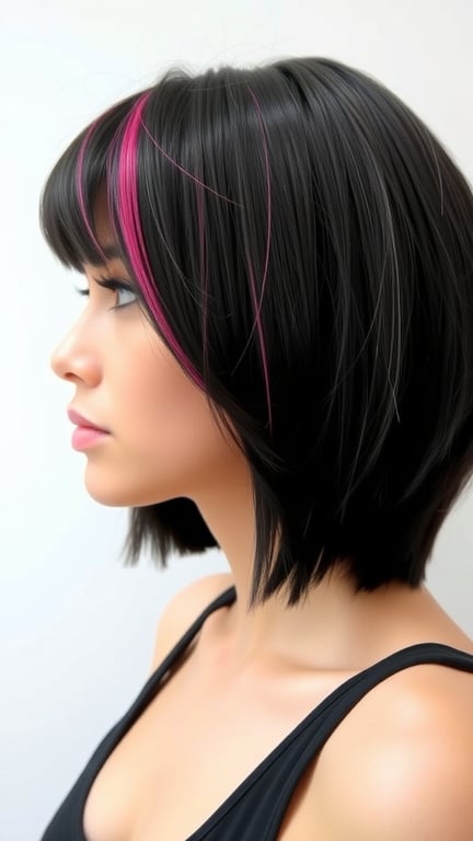A profile view of a woman with a sleek black bob hairstyle featuring bright pink tips.