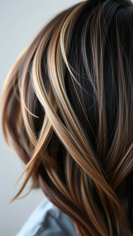 A close-up view of hair featuring bold blonde chunky highlights against a dark base.