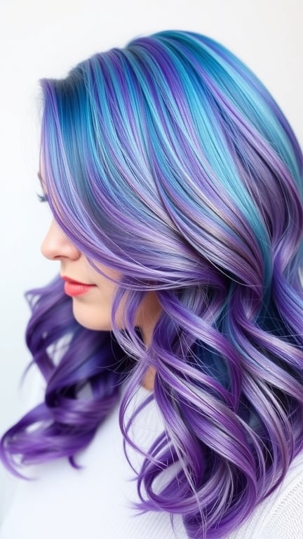 A hairstyle featuring a mix of blue and purple hair dye with waves.
