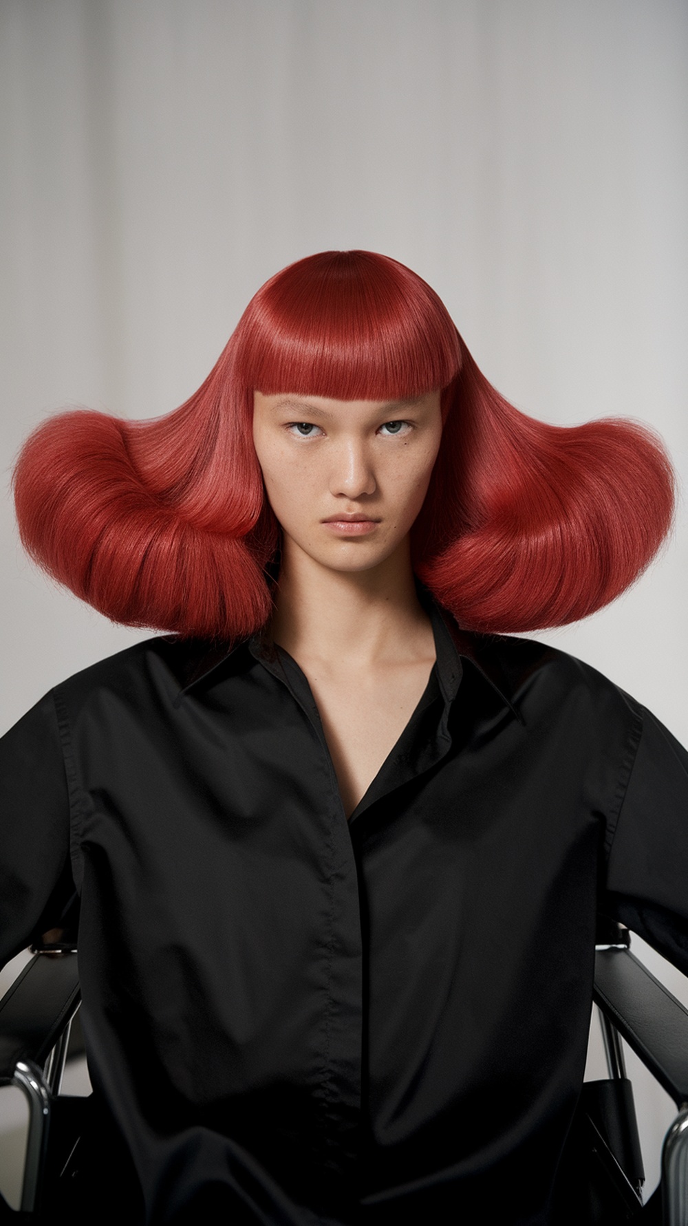 A model with a bold cherry bomb fringe hairstyle, showcasing vibrant red hair with a voluminous shape.