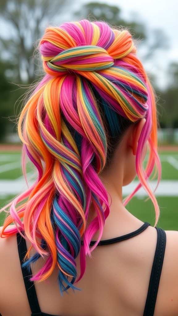 A colorful hairstyle featuring bright pink, orange, and blue highlights styled in waves.
