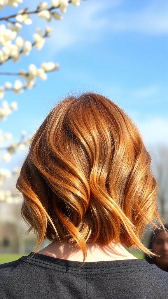 Back view of a woman with bold copper highlights in her hair, surrounded by blooming flowers and a clear blue sky.