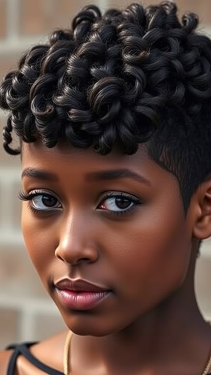 A woman with a bold textured pixie cut featuring tightly coiled curls and tapered sides.