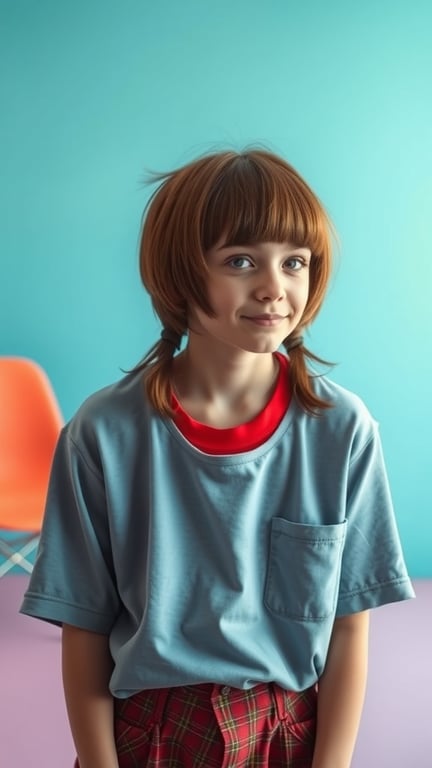 A young person with a bowl cut mullet hairstyle, wearing a blue t-shirt and plaid pants, smiling against a colorful background.