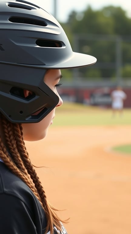 A softball player with a braided crown hairstyle, wearing a helmet and focused on the game.