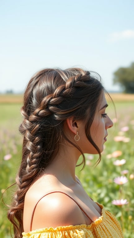 A woman with a braided crown hairstyle and loose ends, standing in a field of flowers.