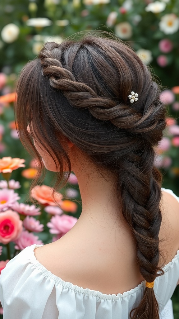 A woman with a braided crown hairstyle and wispy bangs, surrounded by colorful flowers.