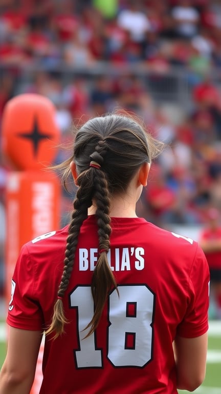A young female athlete with a braided ponytail wearing a red jersey, standing on a sports field.