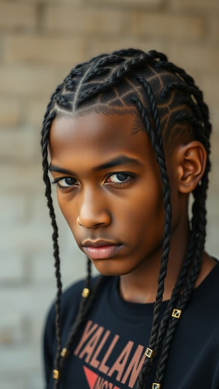 A young person with stylish braided hair, showcasing a unique and creative hairstyle.