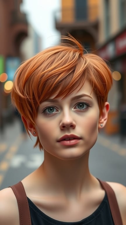 A young person with a bright ginger pixie hairstyle, showcasing a playful and stylish look.