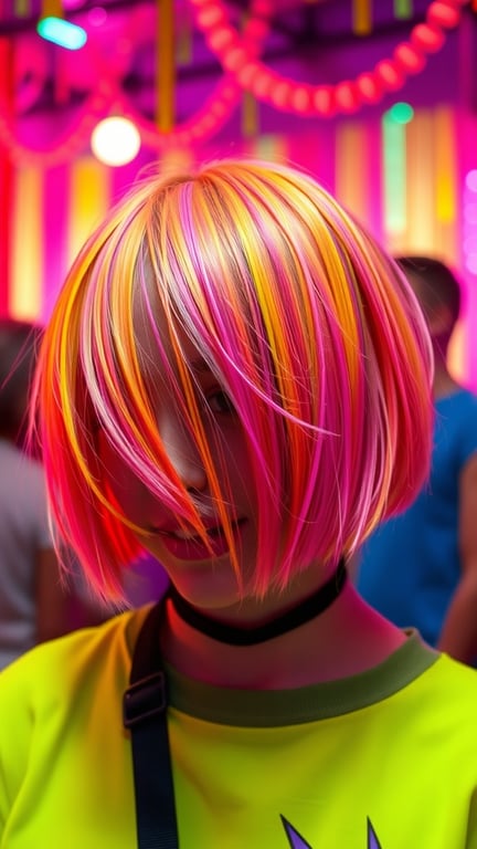 A person with bright neon chunky highlights in pink, orange, and yellow hair, wearing a neon green shirt.